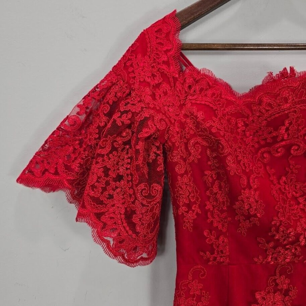 Badgley Mischka Sheath‎ Dress 8 Red Lace Flutter Sleeves Cocktail Romantic - Picture 3 of 16